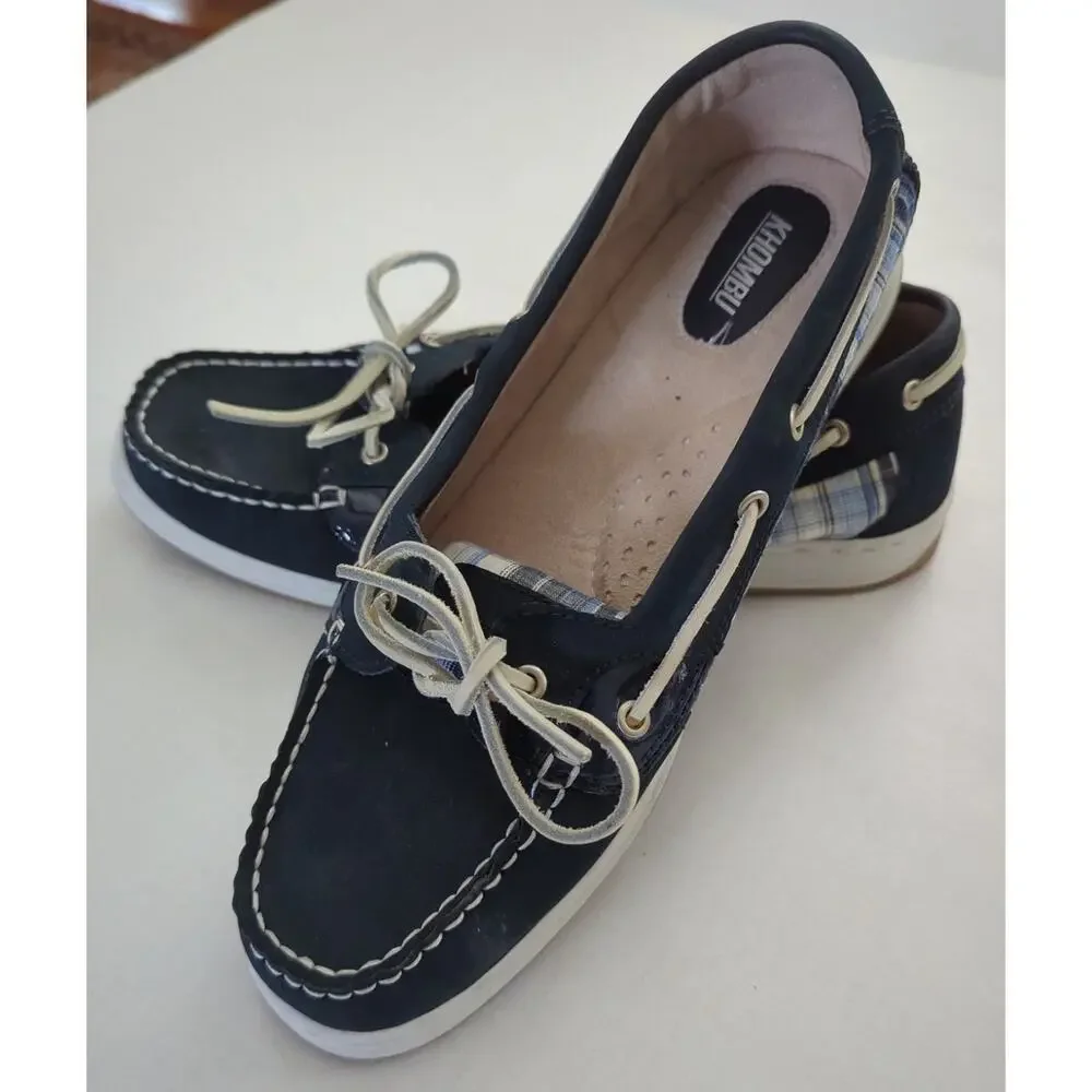 KHOMBU Blue Leather & White Plaid Slip on Boat Shoes women's Size 11